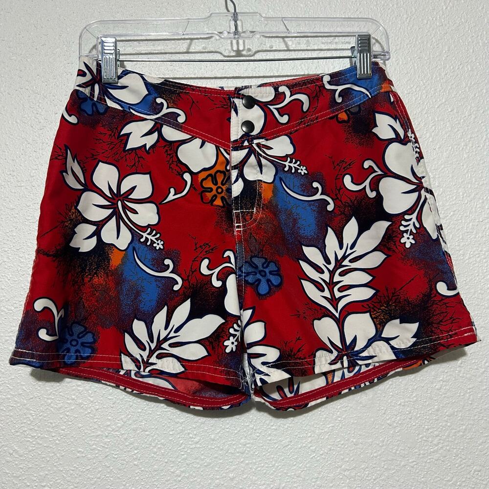 Vintage 90’s Hawaiian Board Shorts Coconut Girl Tropical Hibiscus Red Blue Sz 5 - Picture 1 of 8